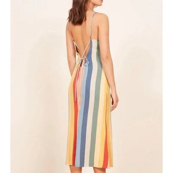 Reformation Rainbow Midi Dress 2 XS Striped V-neck spaghetti strap multicolor - Picture 2 of 11